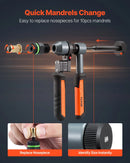 VEVOR kniedējamo uzgriežņu instrumenta komplekts, 210 mm sprūdrata tipa rivnut kniedētājs ar 10 vārpstām un 100 uzgriežņiem, metriskie un SAE izmēri M5, M6, M8, M10, M12, 8-32, 10-24, 1/4-20, 5/16-18, 3/8-16 UNC, ar izturīgu pārnēsāšanas koferi