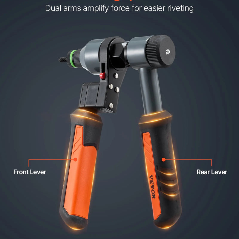 VEVOR kniedējamo uzgriežņu instrumenta komplekts, 210 mm sprūdrata tipa rivnut kniedētājs ar 10 vārpstām un 100 uzgriežņiem, metriskie un SAE izmēri M5, M6, M8, M10, M12, 8-32, 10-24, 1/4-20, 5/16-18, 3/8-16 UNC, ar izturīgu pārnēsāšanas koferi