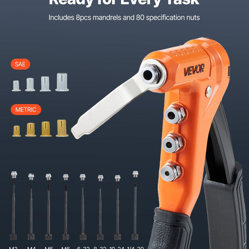 VEVOR Kniežu uzgriežņu knaibles 230 mm ar 8 mandrelēm, pakāpju urbi un 80 kniežu uzgriežņiem (M3–M6, 6-32 līdz 1/4-20 UNC), ar pārnēsājamu koferi