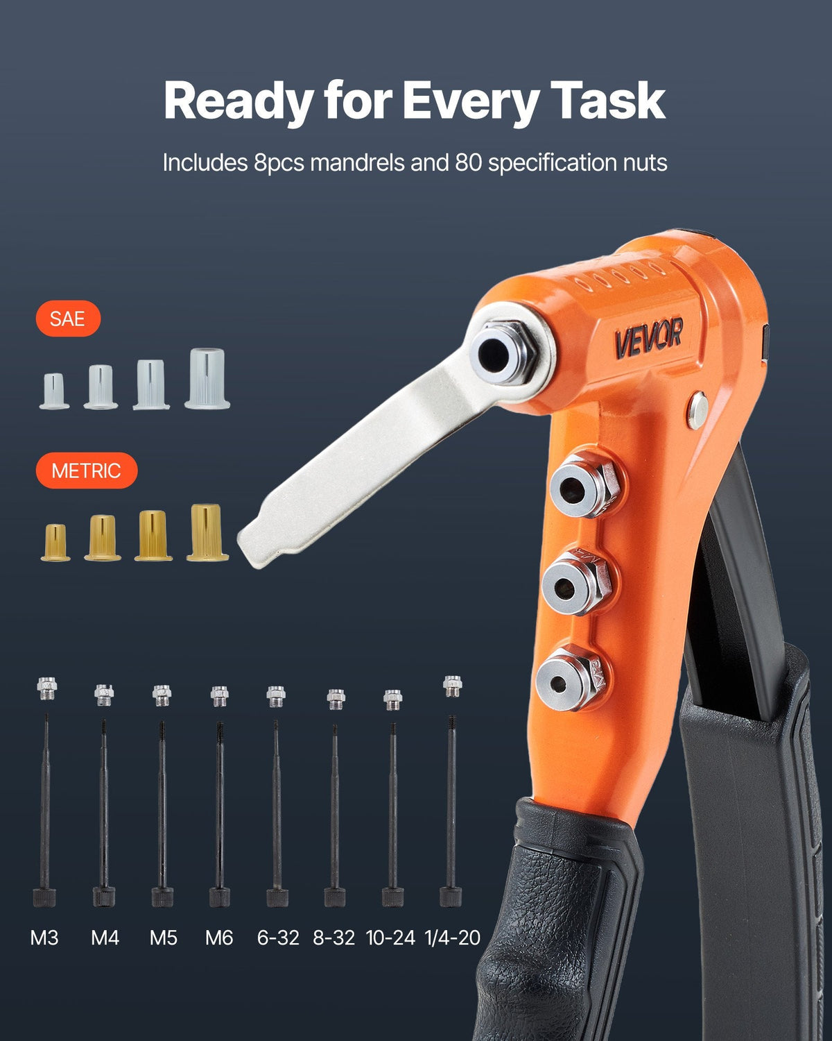 VEVOR Kniežu uzgriežņu knaibles 230 mm ar 8 mandrelēm, pakāpju urbi un 80 kniežu uzgriežņiem (M3–M6, 6-32 līdz 1/4-20 UNC), ar pārnēsājamu koferi