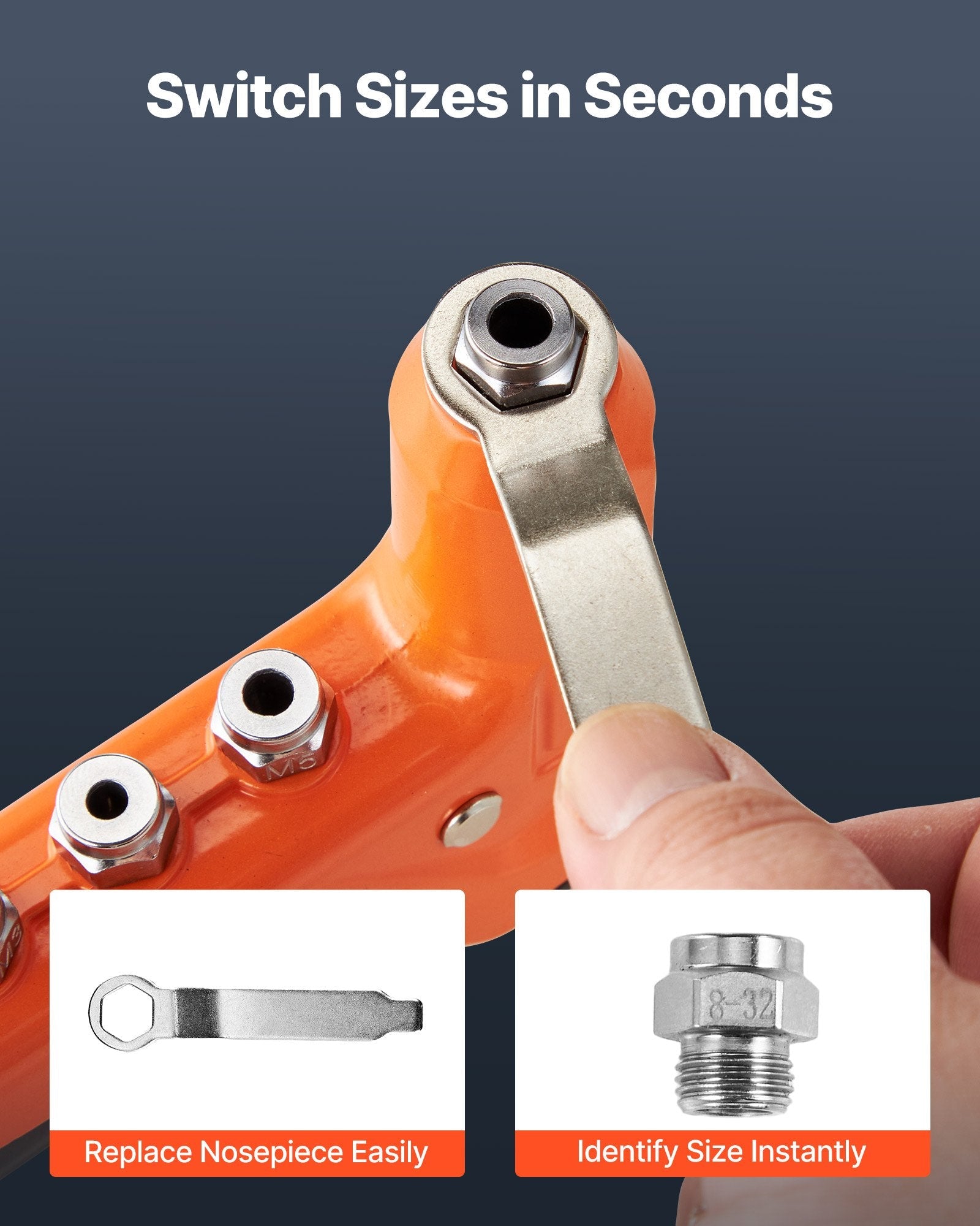 VEVOR Kniežu uzgriežņu knaibles 230 mm ar 8 mandrelēm, pakāpju urbi un 80 kniežu uzgriežņiem (M3–M6, 6-32 līdz 1/4-20 UNC), ar pārnēsājamu koferi