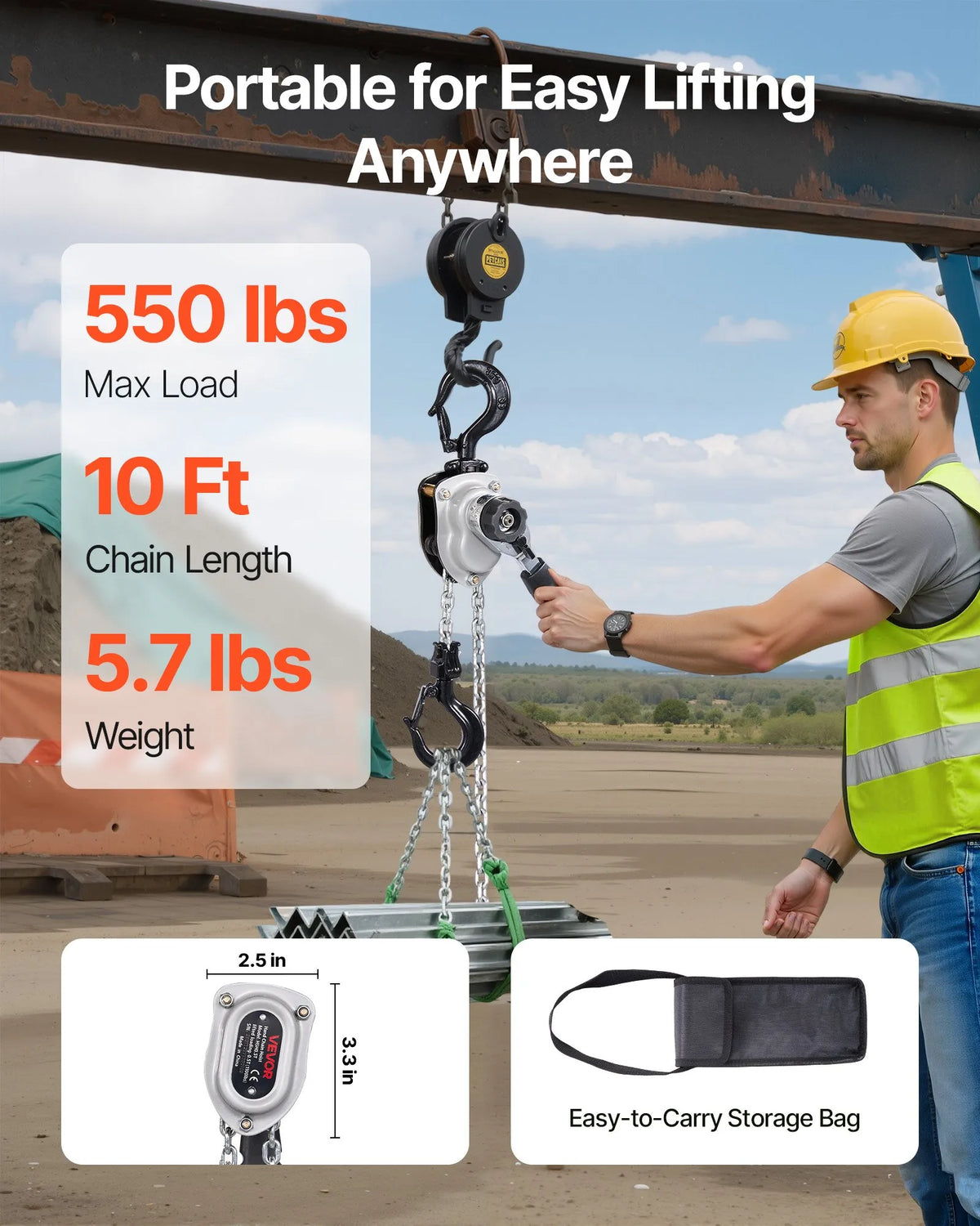VEVOR manuālais sviras ķēdes pacēlājs, 0,25 t (250 kg) celtspēja, 3 m celšanas augstums, G80 sakausējuma tērauda ķēde ar dubultā suņa bremzi un 360° rotējošiem āķiem, piemērots noliktavām, būvniecībai un garāžām