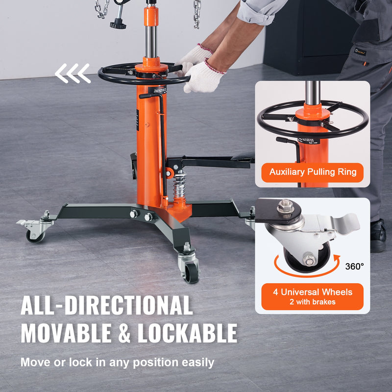 Гидравлический трансмиссионный подъемник VEVOR, телескопический 600 кг, диапазон подъема 81-170 см, напольный подъемник с ножной педалью и вращающимися на 360° колесами.