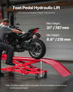 VEVOR motocikla pacēlāja galds, 454 kg celtspēja, 360° grozāms motocikla pacēlājs, regulējams augstums 21,8–78,7 cm, pastiprināts remonta statīvs ar drošības fiksatoru ATV un krosa motocikliem