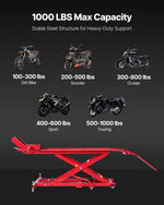 VEVOR motocikla pacēlāja galds, 454 kg celtspēja, 360° grozāms motocikla pacēlājs, regulējams augstums 21,8–78,7 cm, pastiprināts remonta statīvs ar drošības fiksatoru ATV un krosa motocikliem