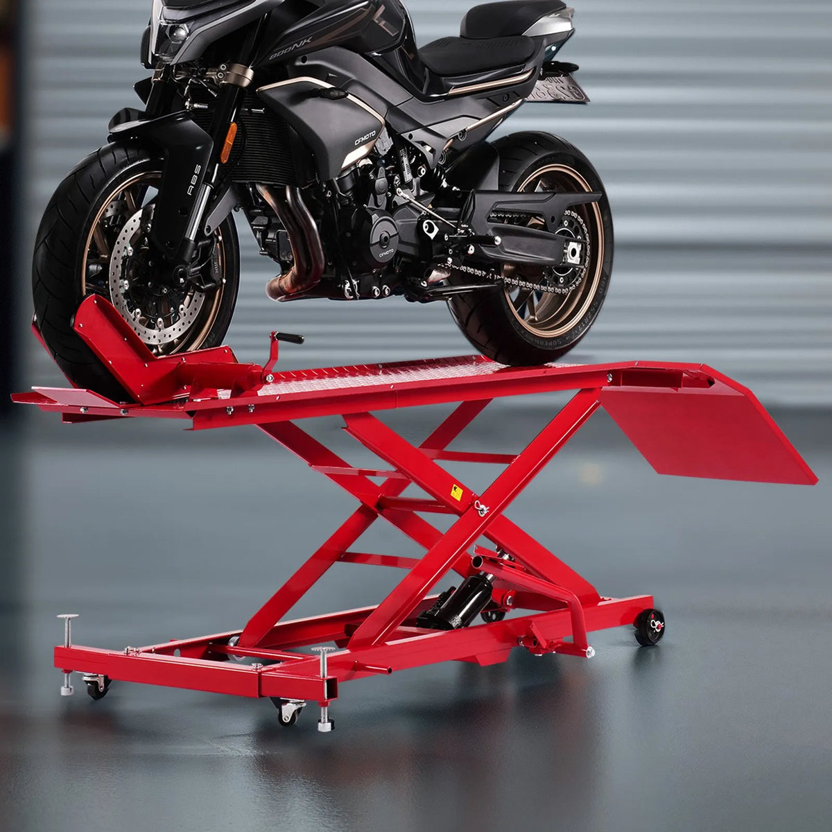 VEVOR motocikla pacēlāja galds, 454 kg celtspēja, 360° grozāms motocikla pacēlājs, regulējams augstums 21,8–78,7 cm, pastiprināts remonta statīvs ar drošības fiksatoru ATV un krosa motocikliem