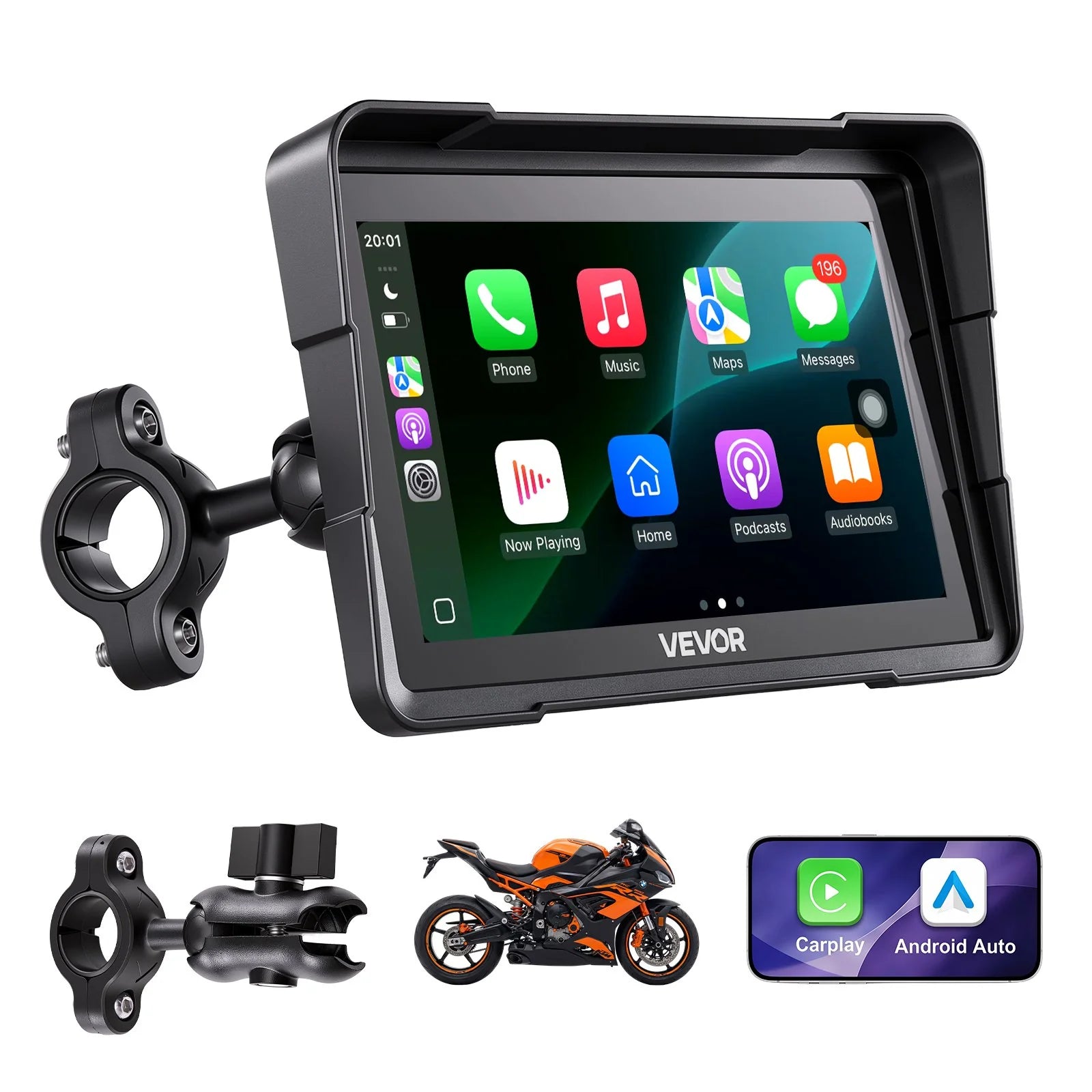 VEVOR 7 collu bezvadu motocikla CarPlay sistēma ar Apple CarPlay, Android Auto, GPS un IP67