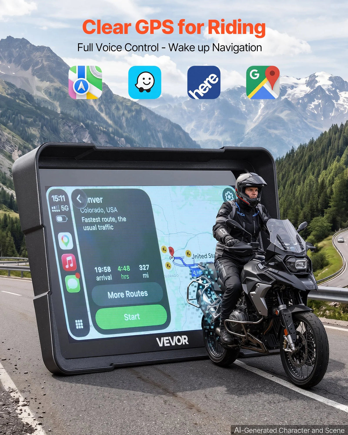 VEVOR 7 collu bezvadu motocikla CarPlay sistēma ar Apple CarPlay, Android Auto, GPS un IP67