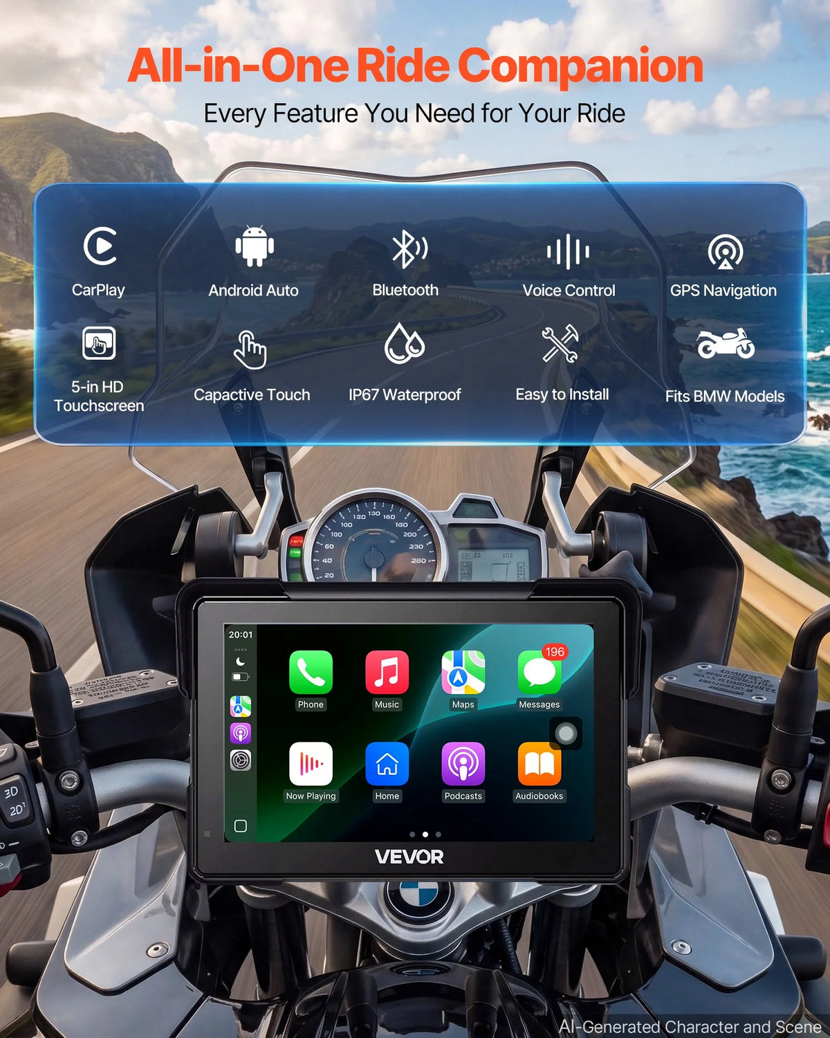 VEVOR 7 collu bezvadu motocikla CarPlay sistēma ar Apple CarPlay, Android Auto, GPS un IP67, BMW motocikliem