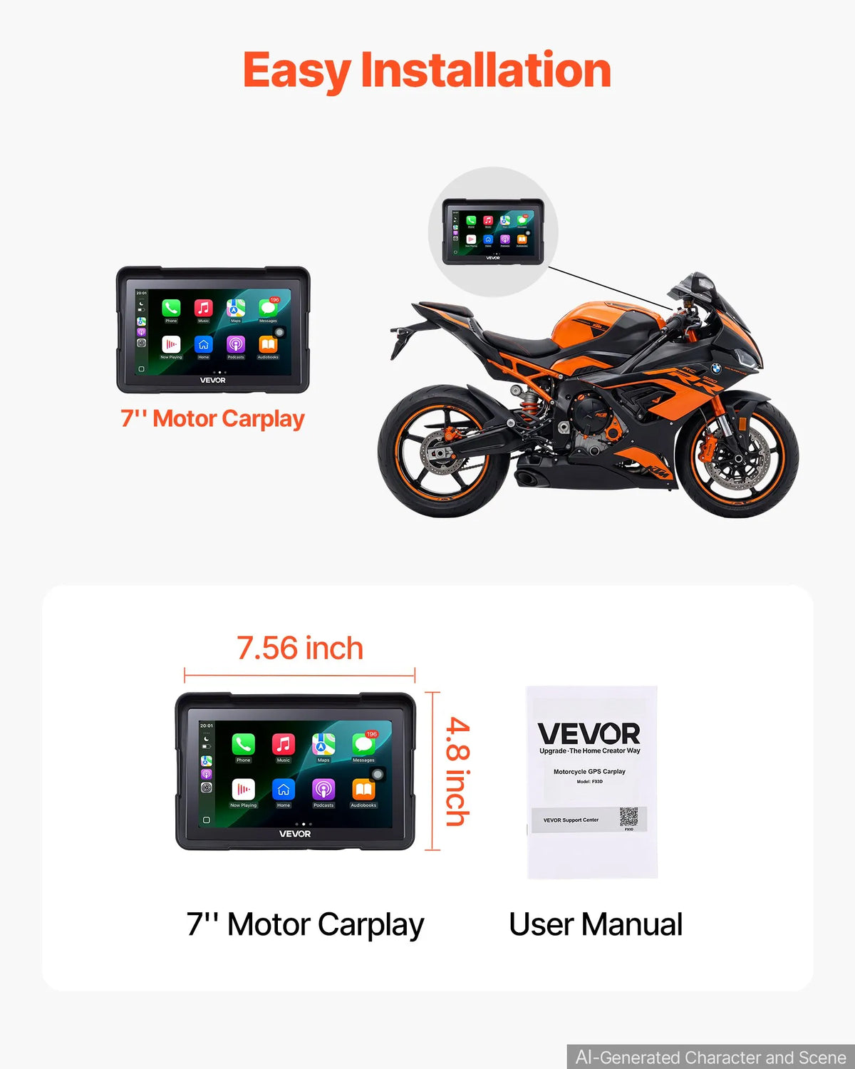 VEVOR 7 collu bezvadu motocikla CarPlay sistēma ar Apple CarPlay, Android Auto, GPS un IP67, BMW motocikliem