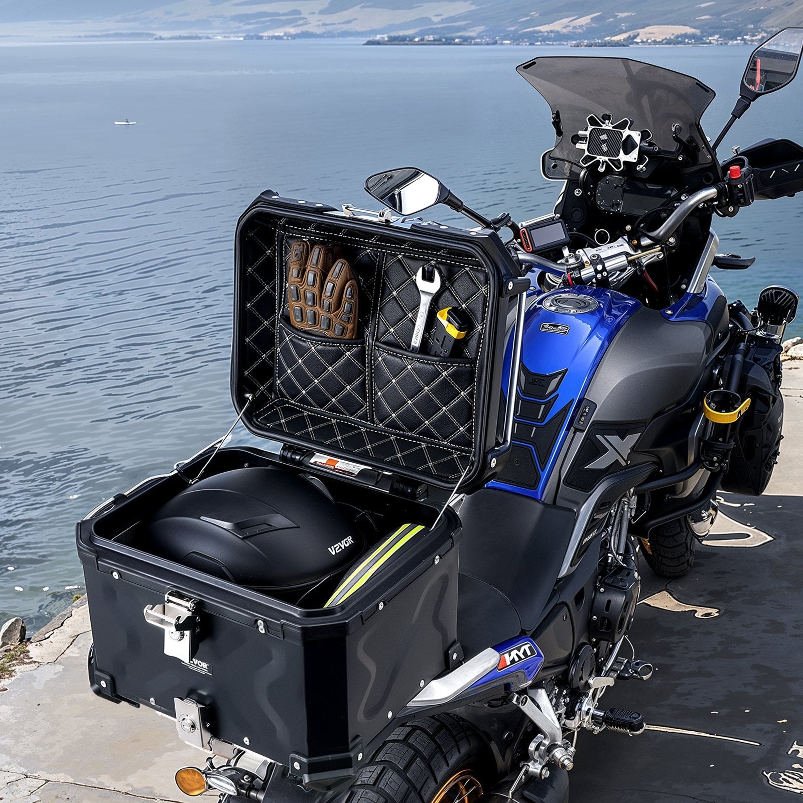 VEVOR 55L motocikla alumīnija aizmugurējā bagāžnieka kaste ar ādas oderi un atstarojošiem elementiem