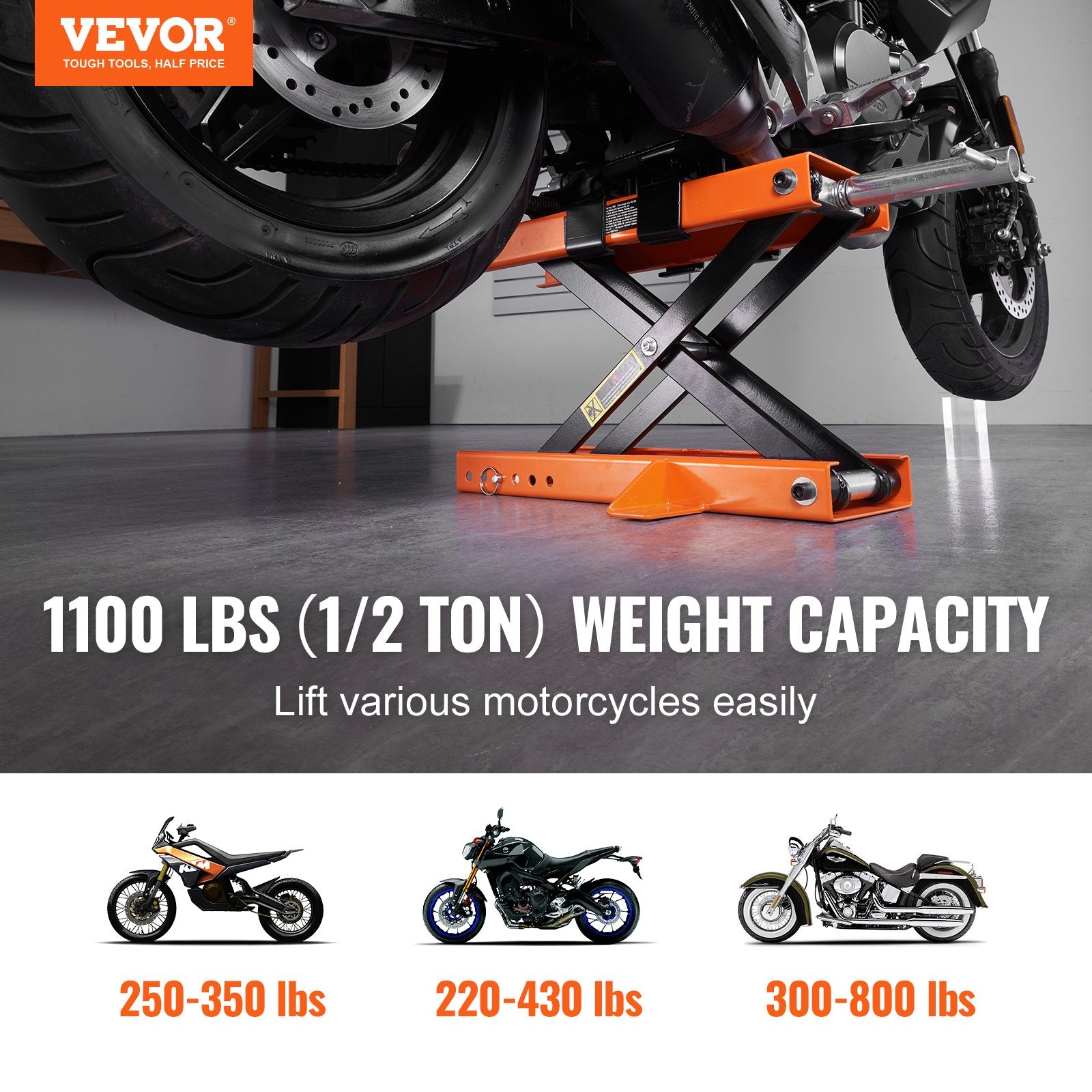 VEVOR motocikla šķērveida pacēlājs ar platformu, 500 kg celtspēja, piemērots ATV, krosa motocikliem un citiem mazajiem transportlīdzekļiem