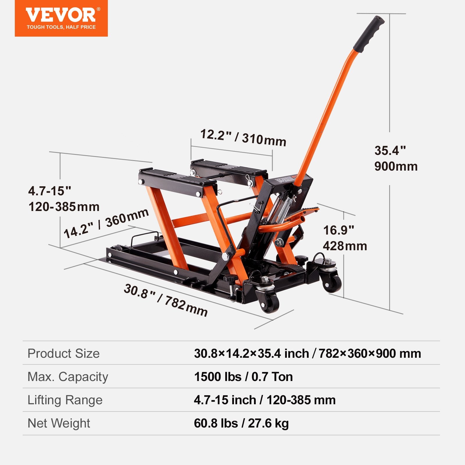 VEVOR hidrauliskais pacēlājs motocikliem 680 kg