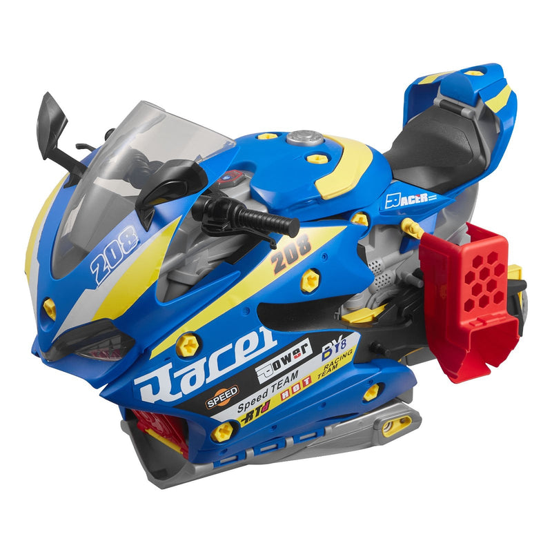 VEVOR motocikla dzinēja rotaļlieta, 25 detaļas, motocikla mehāniķa rotaļu komplekts ar noņemamām detaļām, gaismām un skaņām, imitēta braukšana un sacīkšu trase, bērnu mehāniķa darbnīca bērniem no 3 gadu vecuma, zila