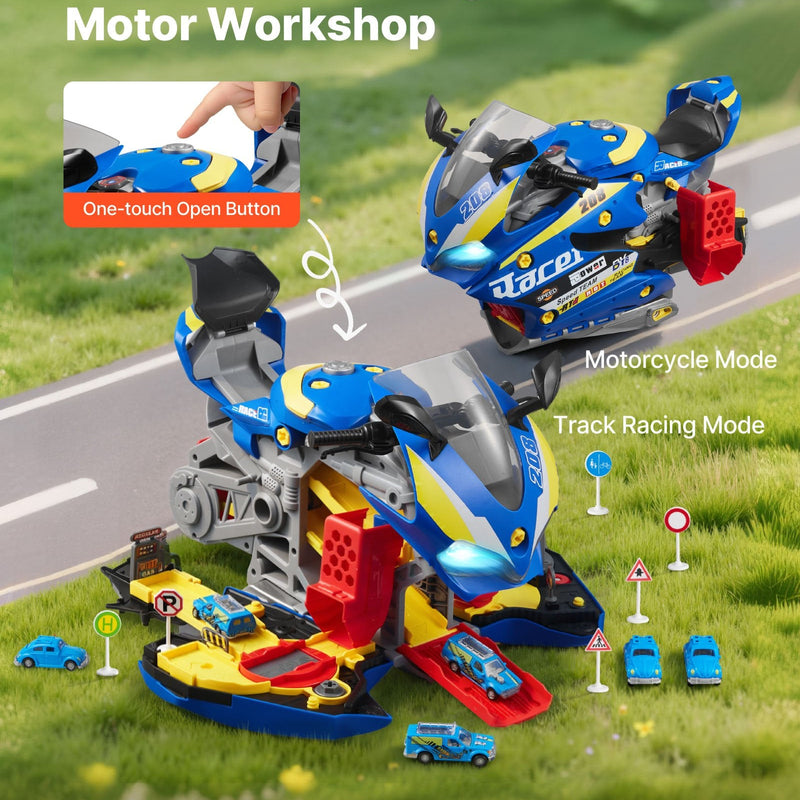 VEVOR motocikla dzinēja rotaļlieta, 25 detaļas, motocikla mehāniķa rotaļu komplekts ar noņemamām detaļām, gaismām un skaņām, imitēta braukšana un sacīkšu trase, bērnu mehāniķa darbnīca bērniem no 3 gadu vecuma, zila