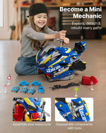 VEVOR motocikla dzinēja rotaļlieta, 25 detaļas, motocikla mehāniķa rotaļu komplekts ar noņemamām detaļām, gaismām un skaņām, imitēta braukšana un sacīkšu trase, bērnu mehāniķa darbnīca bērniem no 3 gadu vecuma, zila
