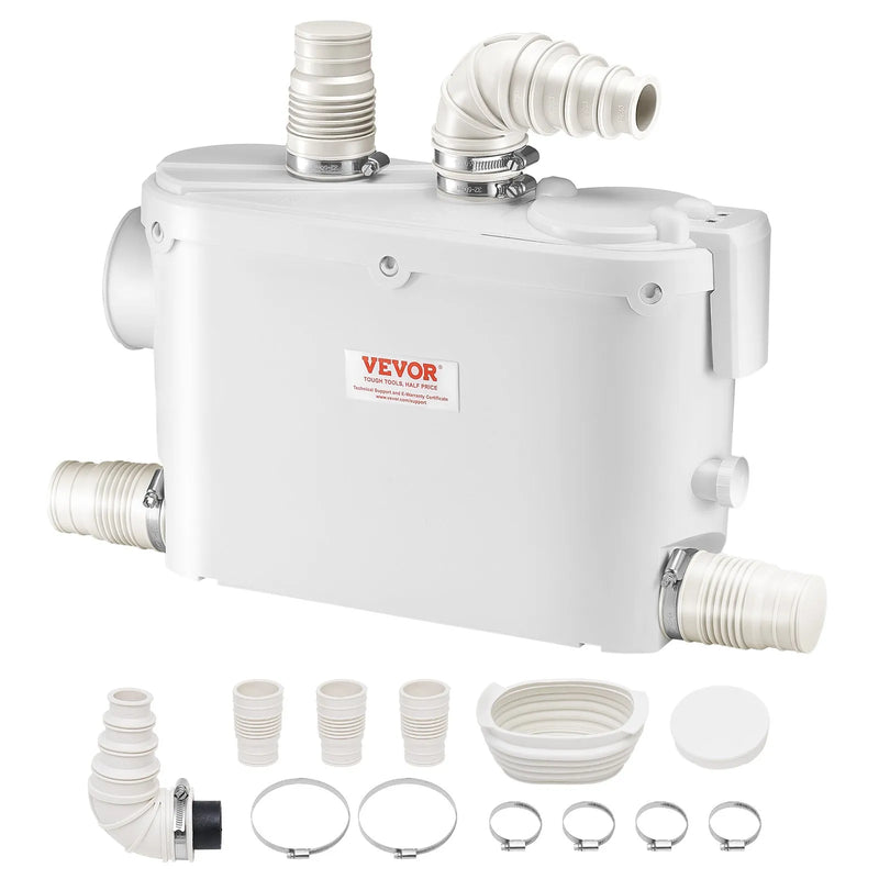 VEVOR kanalizācijas smalcinātājsūknis 500 W, plūsma līdz 6600 l/h, pacelšanas augstums līdz 8 m, ar 3 ūdens pieslēgumiem tualetei, virtuvei, izlietnei, dušai un vannai