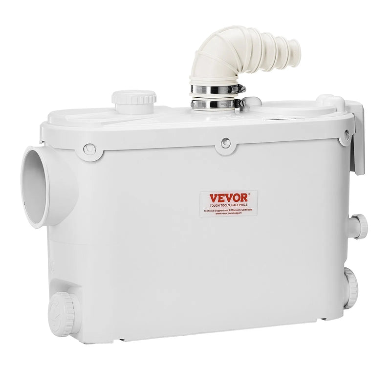 VEVOR kanalizācijas smalcinātājsūknis 500 W, plūsma līdz 6600 l/h, pacelšanas augstums līdz 8 m, ar 3 ūdens pieslēgumiem tualetei, virtuvei, izlietnei, dušai un vannai