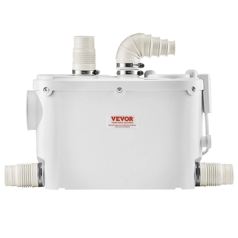 VEVOR kanalizācijas smalcinātājsūknis 500 W, plūsma līdz 6600 l/h, pacelšanas augstums līdz 8 m, ar 3 ūdens pieslēgumiem tualetei, virtuvei, izlietnei, dušai un vannai