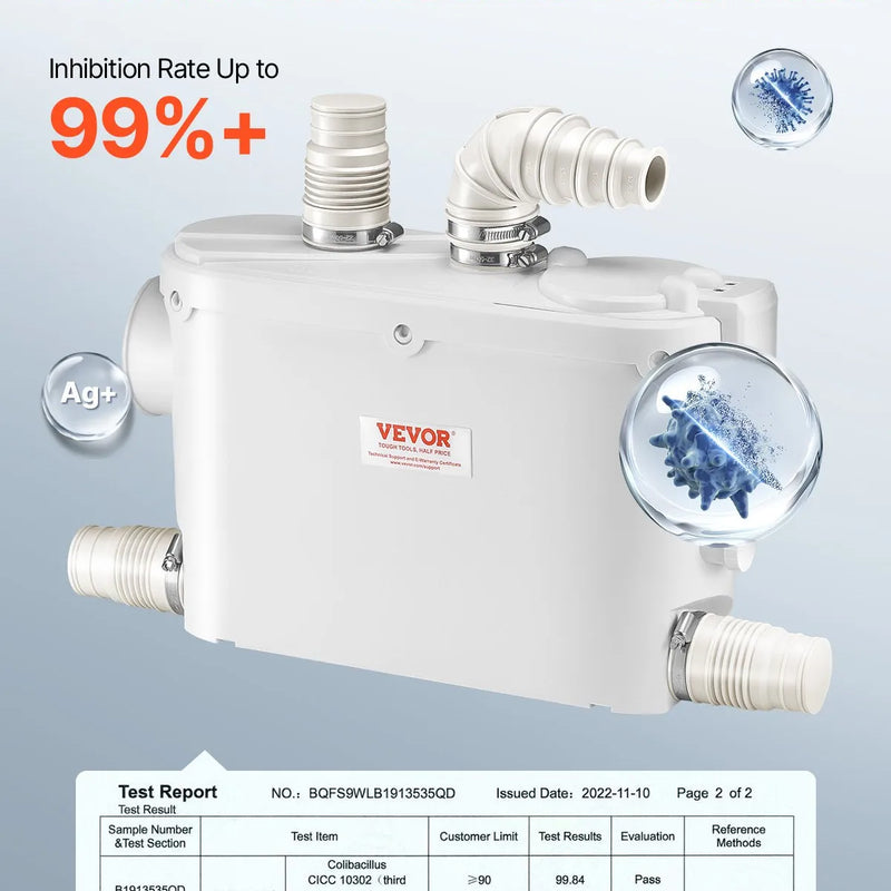 VEVOR kanalizācijas smalcinātājsūknis 500 W, plūsma līdz 6600 l/h, pacelšanas augstums līdz 8 m, ar 3 ūdens pieslēgumiem tualetei, virtuvei, izlietnei, dušai un vannai