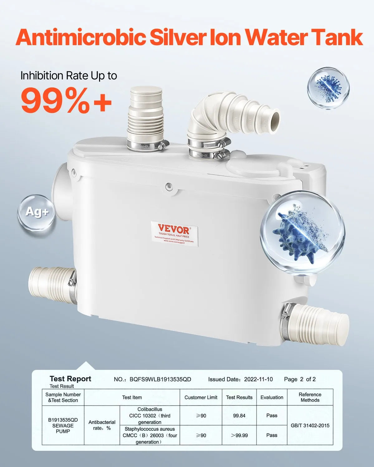 VEVOR kanalizācijas smalcinātājsūknis 500 W, plūsma līdz 6600 l/h, pacelšanas augstums līdz 8 m, ar 3 ūdens pieslēgumiem tualetei, virtuvei, izlietnei, dušai un vannai