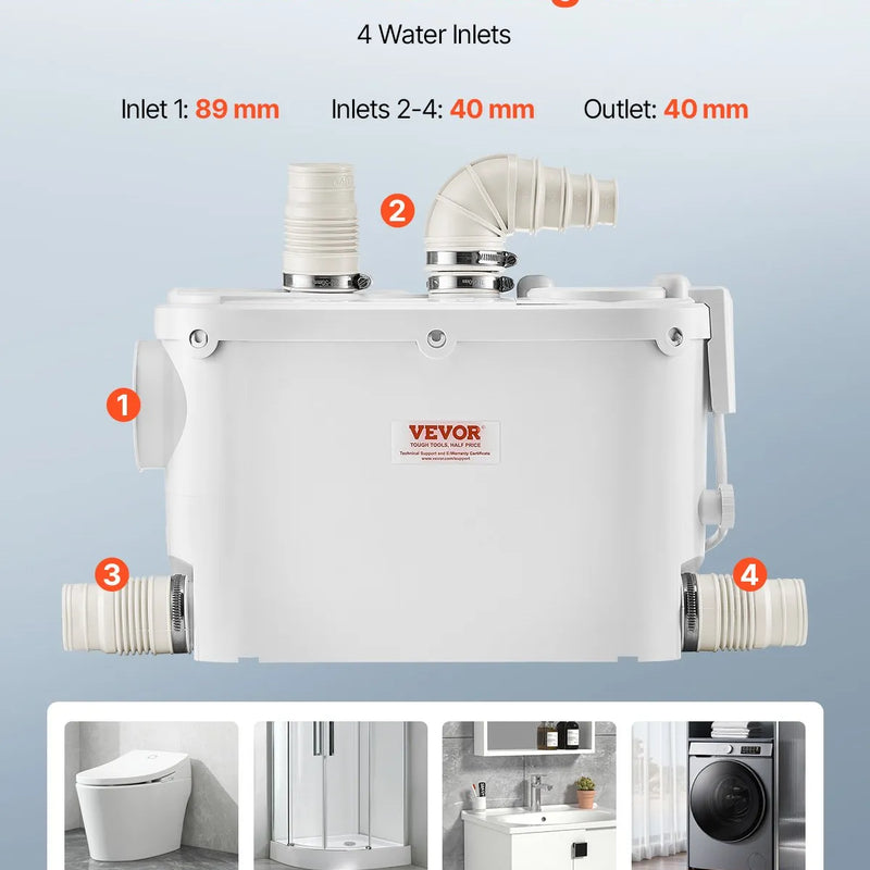 VEVOR kanalizācijas smalcinātājsūknis 500 W, plūsma līdz 6600 l/h, pacelšanas augstums līdz 8 m, ar 3 ūdens pieslēgumiem tualetei, virtuvei, izlietnei, dušai un vannai