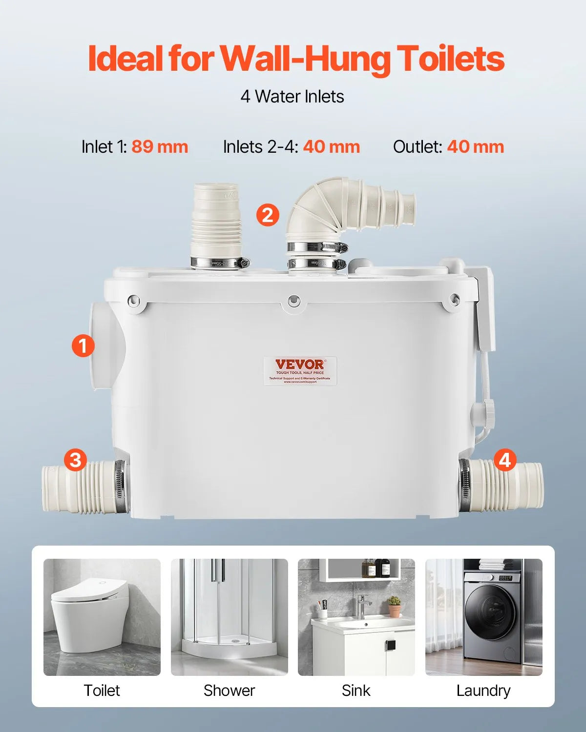 VEVOR kanalizācijas smalcinātājsūknis 500 W, plūsma līdz 6600 l/h, pacelšanas augstums līdz 8 m, ar 3 ūdens pieslēgumiem tualetei, virtuvei, izlietnei, dušai un vannai