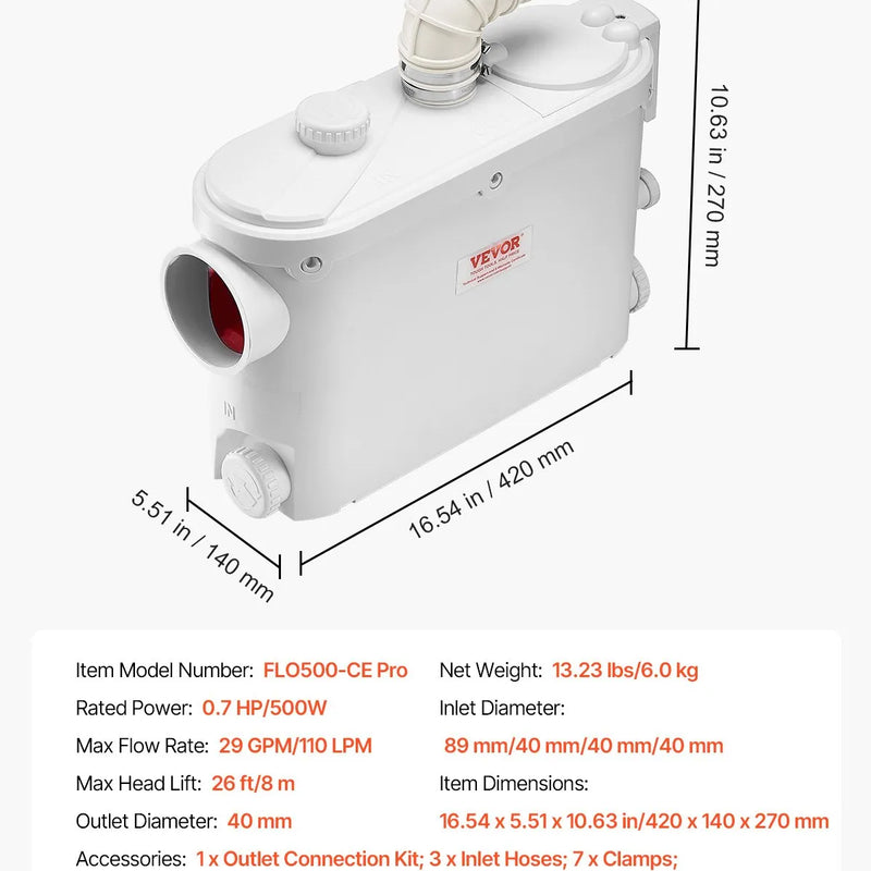 VEVOR kanalizācijas smalcinātājsūknis 500 W, plūsma līdz 6600 l/h, pacelšanas augstums līdz 8 m, ar 3 ūdens pieslēgumiem tualetei, virtuvei, izlietnei, dušai un vannai