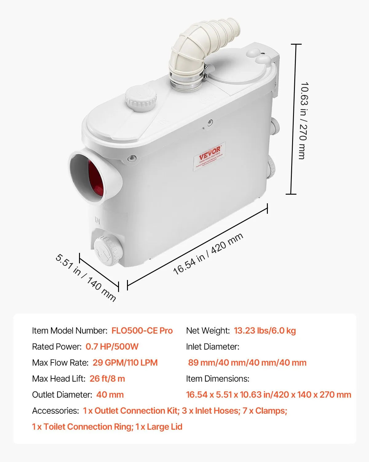 VEVOR kanalizācijas smalcinātājsūknis 500 W, plūsma līdz 6600 l/h, pacelšanas augstums līdz 8 m, ar 3 ūdens pieslēgumiem tualetei, virtuvei, izlietnei, dušai un vannai