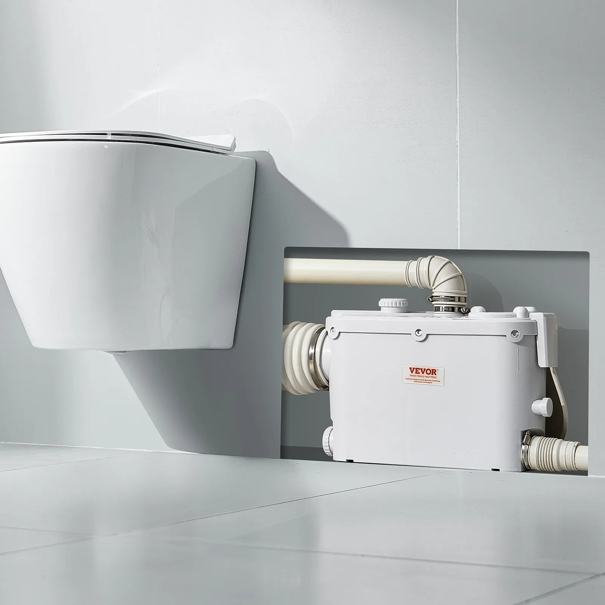 VEVOR kanalizācijas smalcinātājsūknis 500 W, plūsma līdz 6600 l/h, pacelšanas augstums līdz 8 m, ar 3 ūdens pieslēgumiem tualetei, virtuvei, izlietnei, dušai un vannai