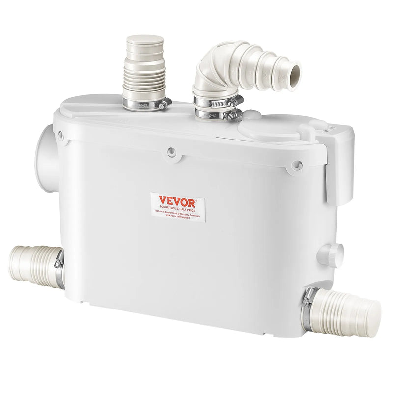 VEVOR kanalizācijas smalcinātājsūknis 500 W, plūsma līdz 6600 l/h, pacelšanas augstums līdz 8 m, ar 3 ūdens pieslēgumiem tualetei, virtuvei, izlietnei, dušai un vannai