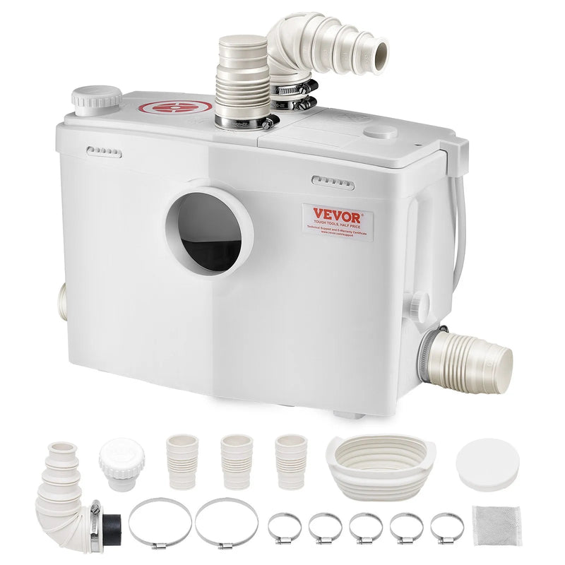 VEVOR kanalizācijas smalcinātājsūknis 1200 W, plūsma līdz 180 l/min, pacelšanas augstums līdz 10 m, ar 4 ūdens ieplūdēm, notekūdeņu pacelšanas iekārta tualetei, pagrabam, dušai, izlietnei, veļas mazgātavai un vannai