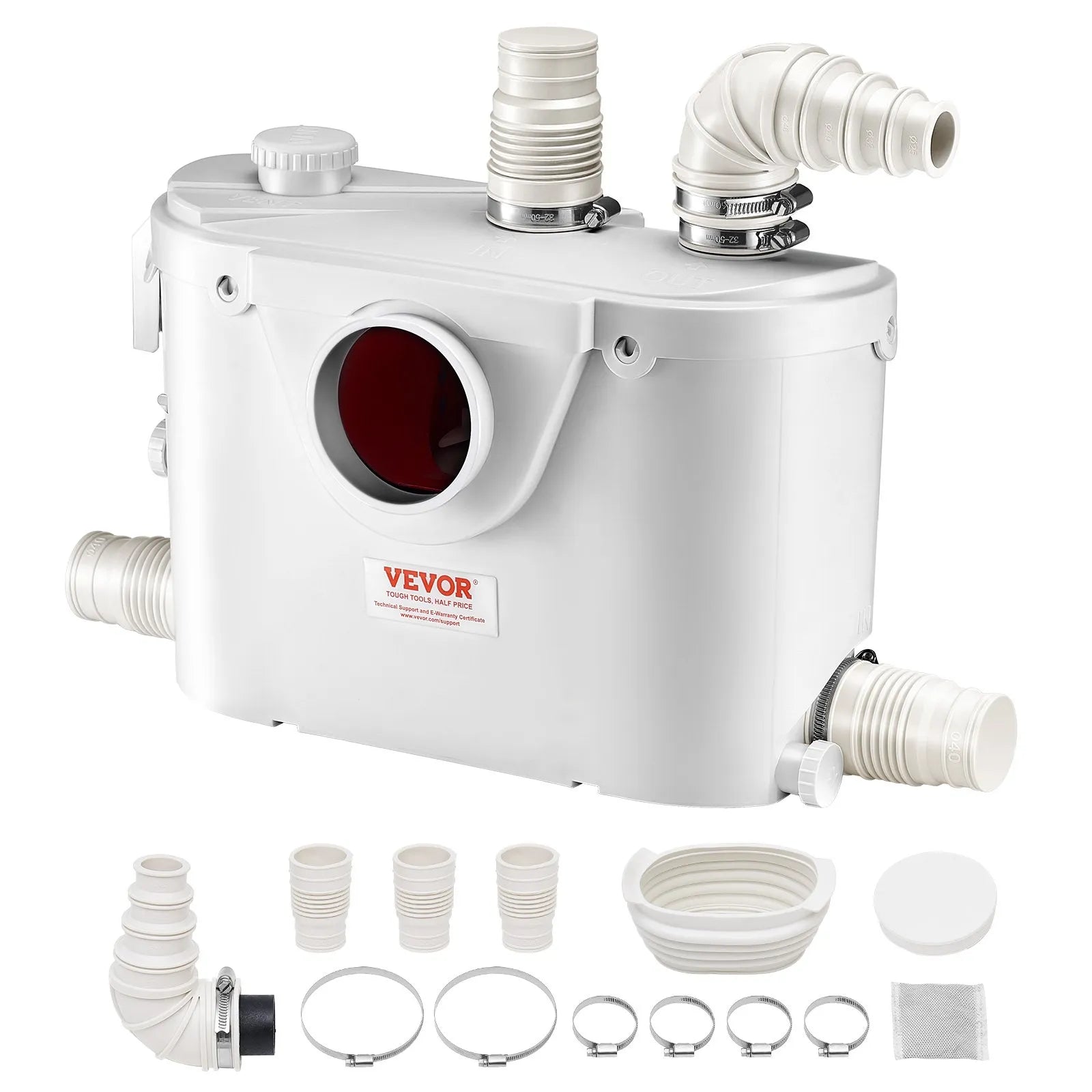 VEVOR kanalizācijas smalcinātājsūknis 500 W, plūsma līdz 110 l/min, pacelšanas augstums līdz 8 m, ar 4 ūdens pieslēgumiem, notekūdeņu pacelšanas iekārta tualetei, pagrabam, dušai, izlietnei, veļas mazgātavai un vannai