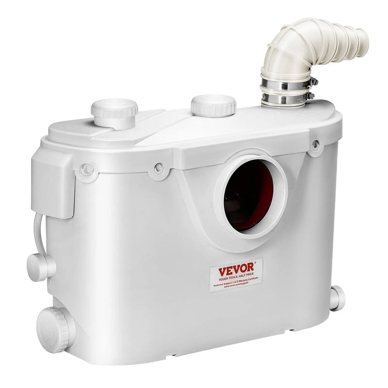 VEVOR kanalizācijas smalcinātājsūknis 500 W, plūsma līdz 110 l/min, pacelšanas augstums līdz 8 m, ar 4 ūdens pieslēgumiem, notekūdeņu pacelšanas iekārta tualetei, pagrabam, dušai, izlietnei, veļas mazgātavai un vannai