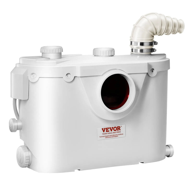 VEVOR kanalizācijas smalcinātājsūknis 500 W, plūsma līdz 110 l/min, pacelšanas augstums līdz 8 m, ar 4 ūdens pieslēgumiem, notekūdeņu pacelšanas iekārta tualetei, pagrabam, dušai, izlietnei, veļas mazgātavai un vannai