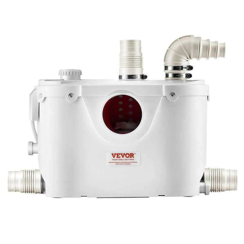 VEVOR kanalizācijas smalcinātājsūknis 500 W, plūsma līdz 110 l/min, pacelšanas augstums līdz 8 m, ar 4 ūdens pieslēgumiem, notekūdeņu pacelšanas iekārta tualetei, pagrabam, dušai, izlietnei, veļas mazgātavai un vannai