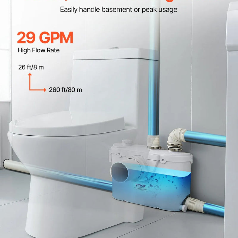VEVOR kanalizācijas smalcinātājsūknis 500 W, plūsma līdz 110 l/min, pacelšanas augstums līdz 8 m, ar 4 ūdens pieslēgumiem, notekūdeņu pacelšanas iekārta tualetei, pagrabam, dušai, izlietnei, veļas mazgātavai un vannai