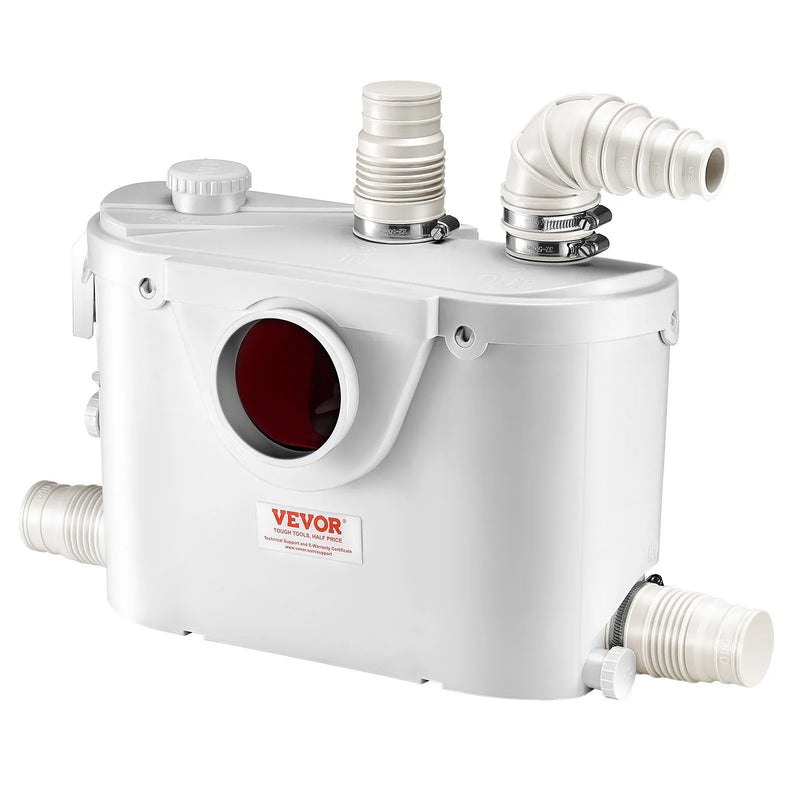 VEVOR kanalizācijas smalcinātājsūknis 500 W, plūsma līdz 110 l/min, pacelšanas augstums līdz 8 m, ar 4 ūdens pieslēgumiem, notekūdeņu pacelšanas iekārta tualetei, pagrabam, dušai, izlietnei, veļas mazgātavai un vannai