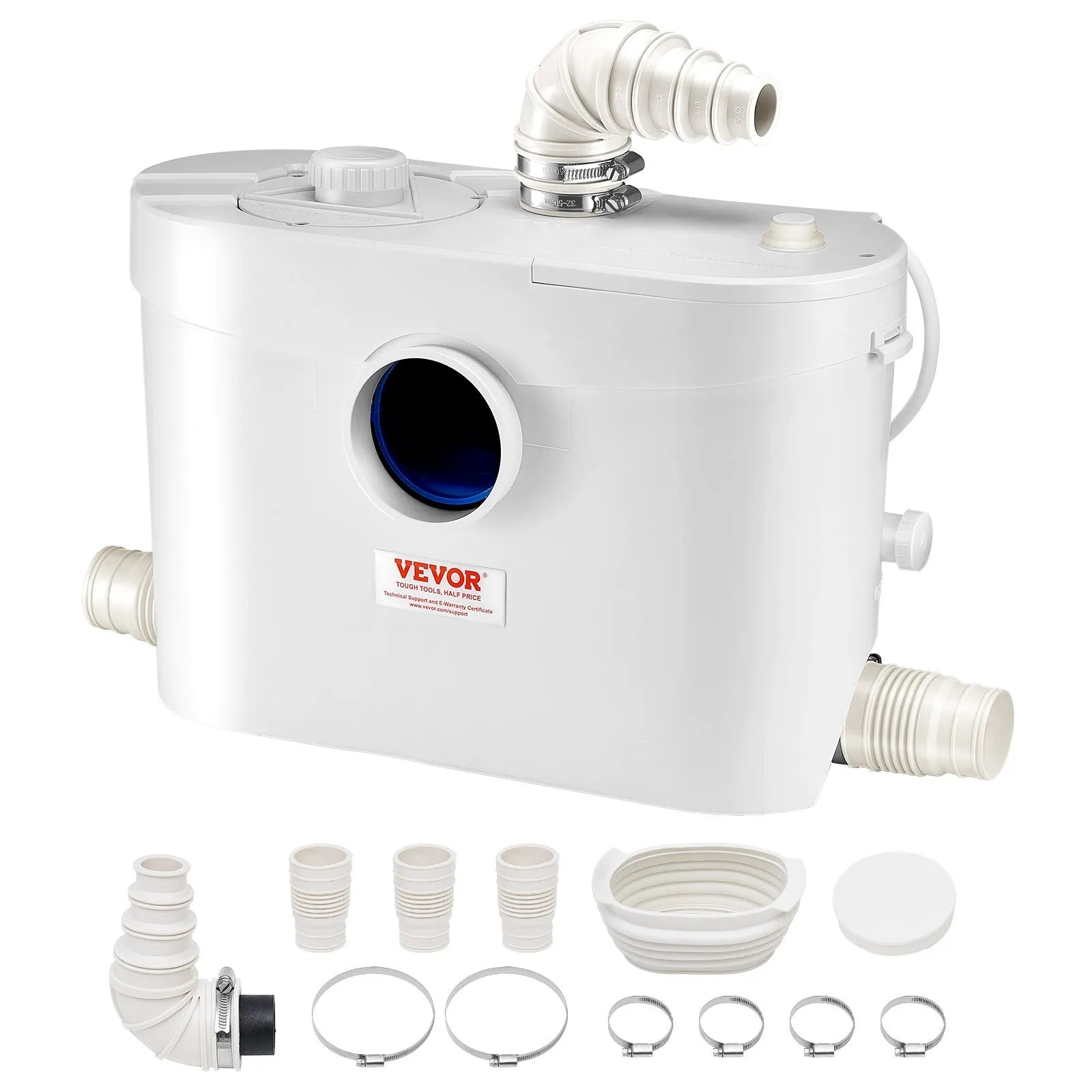 VEVOR kanalizācijas smalcinātājsūknis 900 W, plūsma līdz 180 l/min, pacelšanas augstums līdz 12 m, ar 4 ūdens pieslēgumiem, notekūdeņu pacelšanas iekārta tualetei, pagrabam, dušai, izlietnei, veļas mazgātavai un vannai
