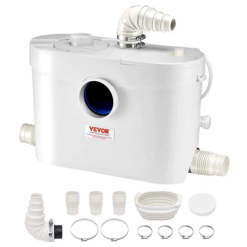 VEVOR kanalizācijas smalcinātājsūknis 900 W, plūsma līdz 180 l/min, pacelšanas augstums līdz 12 m, ar 4 ūdens pieslēgumiem, notekūdeņu pacelšanas iekārta tualetei, pagrabam, dušai, izlietnei, veļas mazgātavai un vannai