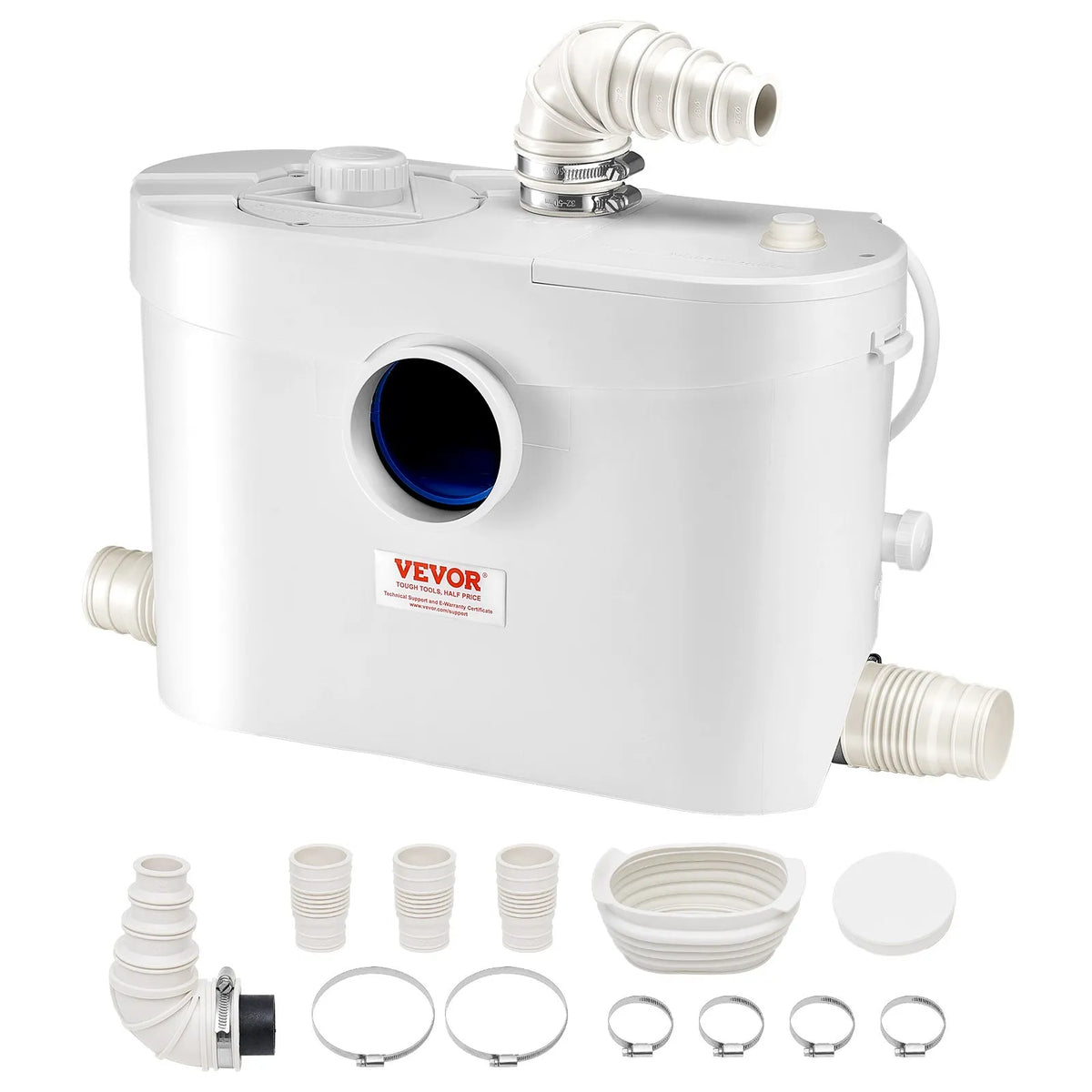 VEVOR kanalizācijas smalcinātājsūknis 900 W, plūsma līdz 180 l/min, pacelšanas augstums līdz 12 m, ar 4 ūdens pieslēgumiem, notekūdeņu pacelšanas iekārta tualetei, pagrabam, dušai, izlietnei, veļas mazgātavai un vannai