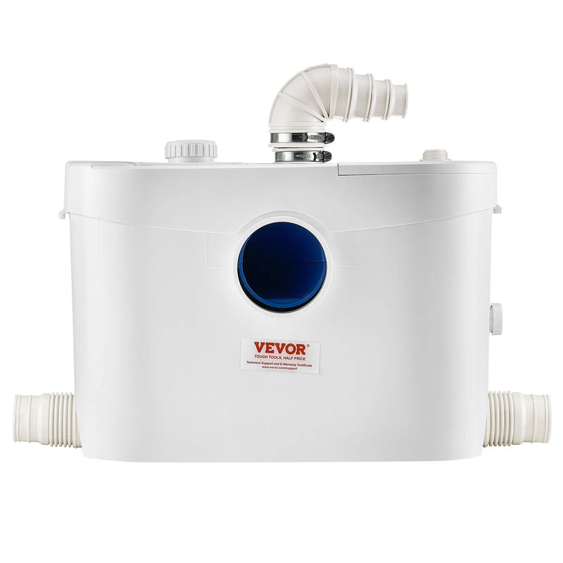 VEVOR kanalizācijas smalcinātājsūknis 900 W, plūsma līdz 180 l/min, pacelšanas augstums līdz 12 m, ar 4 ūdens pieslēgumiem, notekūdeņu pacelšanas iekārta tualetei, pagrabam, dušai, izlietnei, veļas mazgātavai un vannai