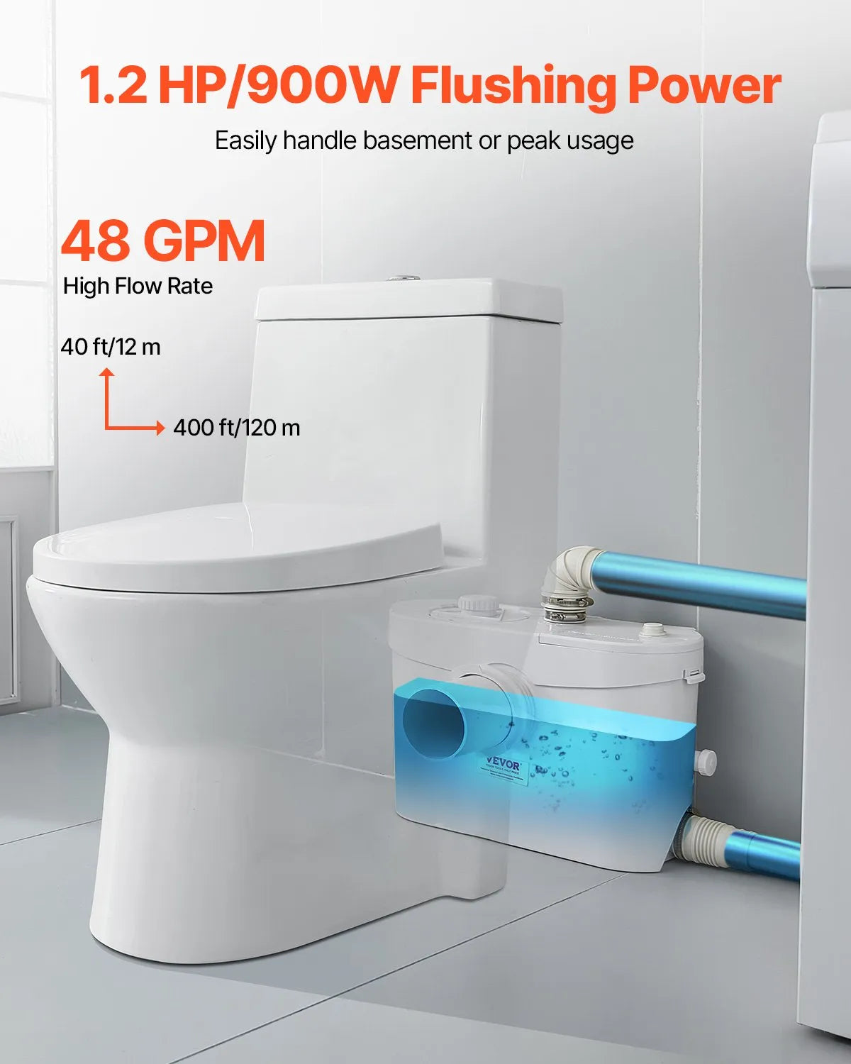 VEVOR kanalizācijas smalcinātājsūknis 900 W, plūsma līdz 180 l/min, pacelšanas augstums līdz 12 m, ar 4 ūdens pieslēgumiem, notekūdeņu pacelšanas iekārta tualetei, pagrabam, dušai, izlietnei, veļas mazgātavai un vannai