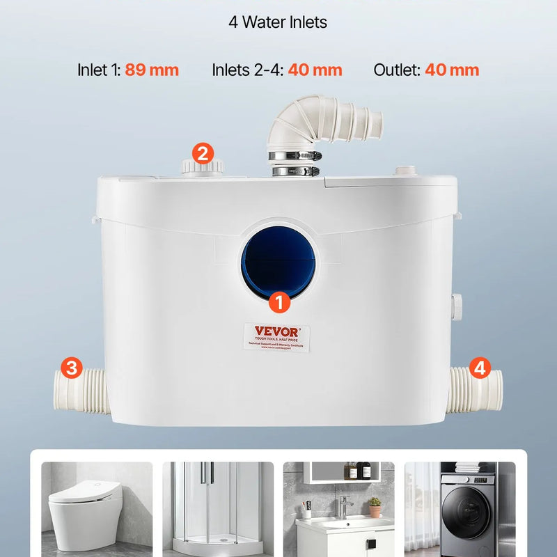 VEVOR kanalizācijas smalcinātājsūknis 900 W, plūsma līdz 180 l/min, pacelšanas augstums līdz 12 m, ar 4 ūdens pieslēgumiem, notekūdeņu pacelšanas iekārta tualetei, pagrabam, dušai, izlietnei, veļas mazgātavai un vannai