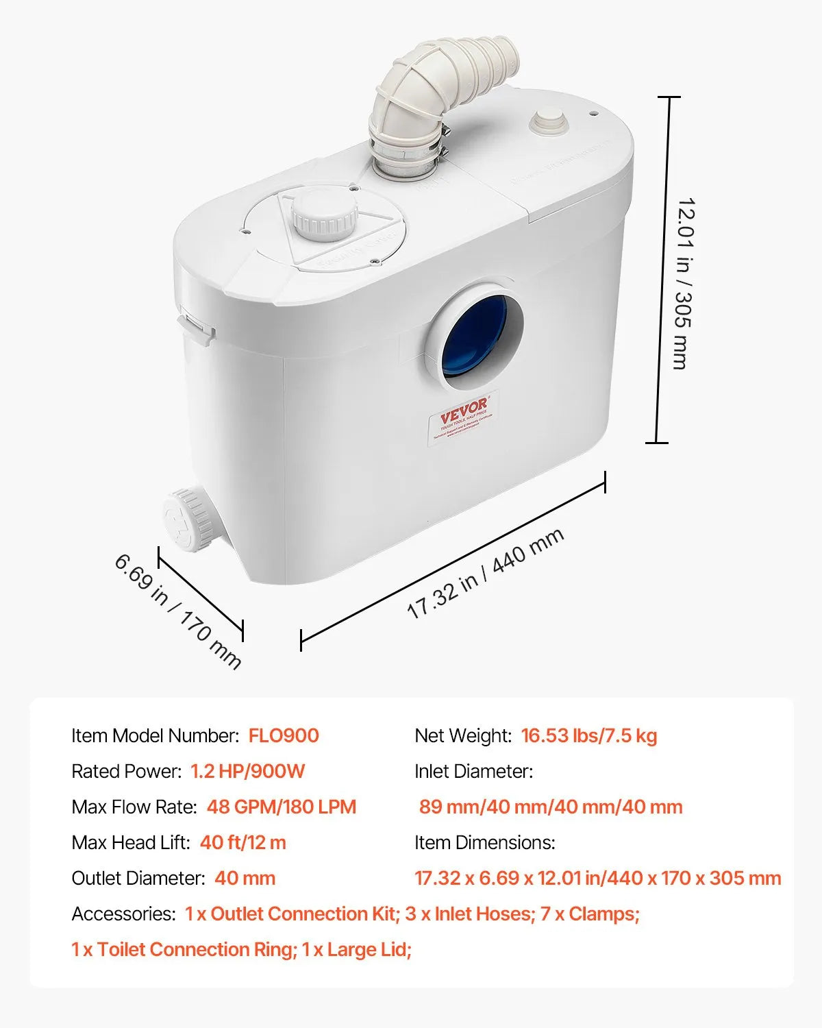 VEVOR kanalizācijas smalcinātājsūknis 900 W, plūsma līdz 180 l/min, pacelšanas augstums līdz 12 m, ar 4 ūdens pieslēgumiem, notekūdeņu pacelšanas iekārta tualetei, pagrabam, dušai, izlietnei, veļas mazgātavai un vannai