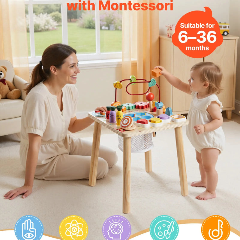VEVOR Montessori aktivitāšu galds 8 in 1 bērniem 1–3 gadi, koka attīstošais spēļu galds no 6 mēnešiem