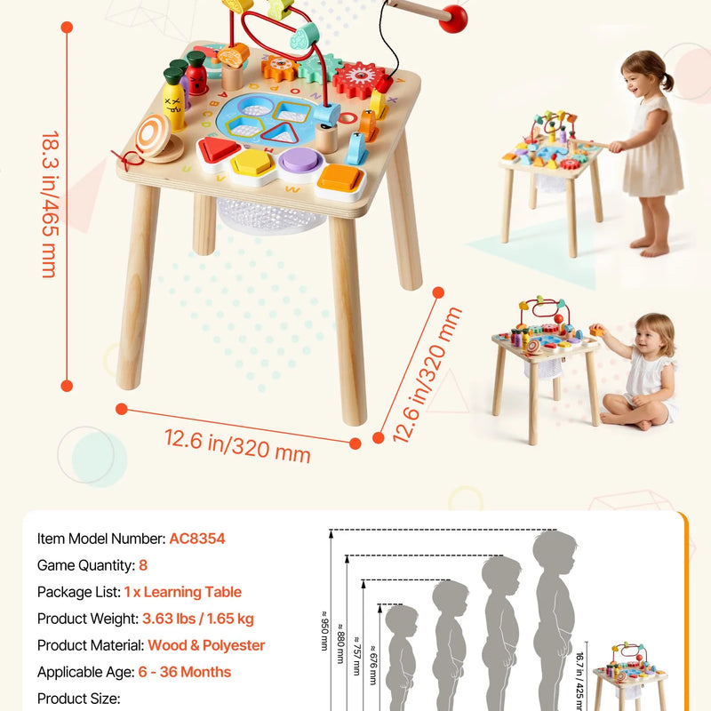VEVOR Montessori aktivitāšu galds 8 in 1 bērniem 1–3 gadi, koka attīstošais spēļu galds no 6 mēnešiem
