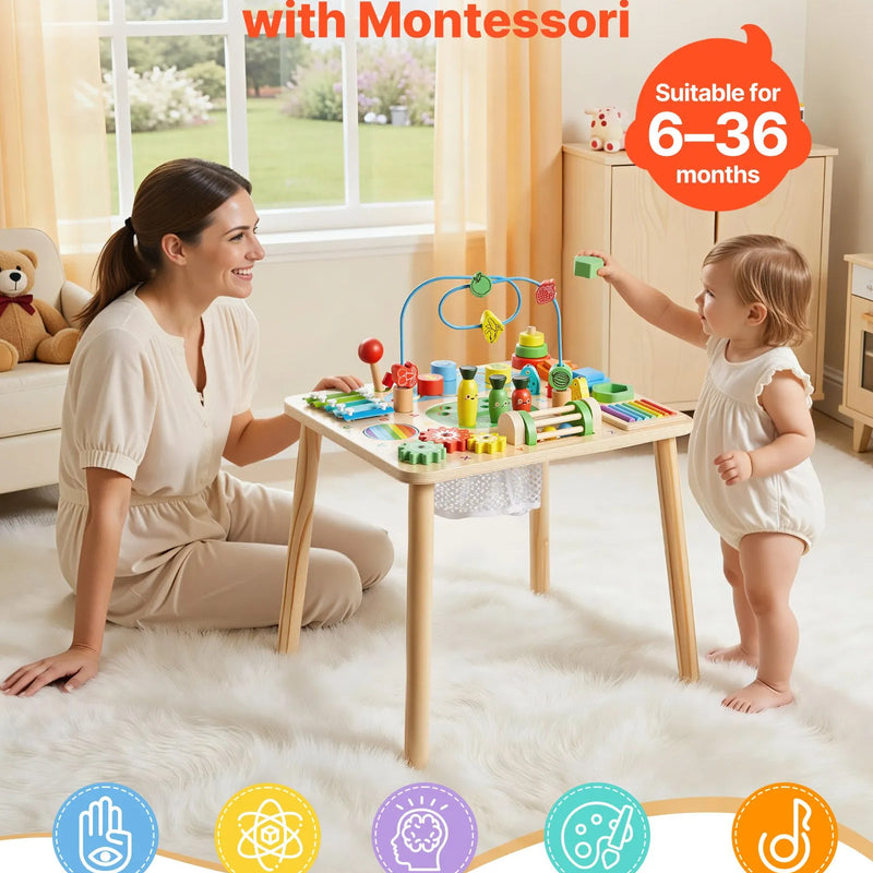VEVOR Montessori aktivitāšu galds 13 in 1 bērniem 1–3 gadi, koka attīstošais spēļu galds no 6 mēnešiem