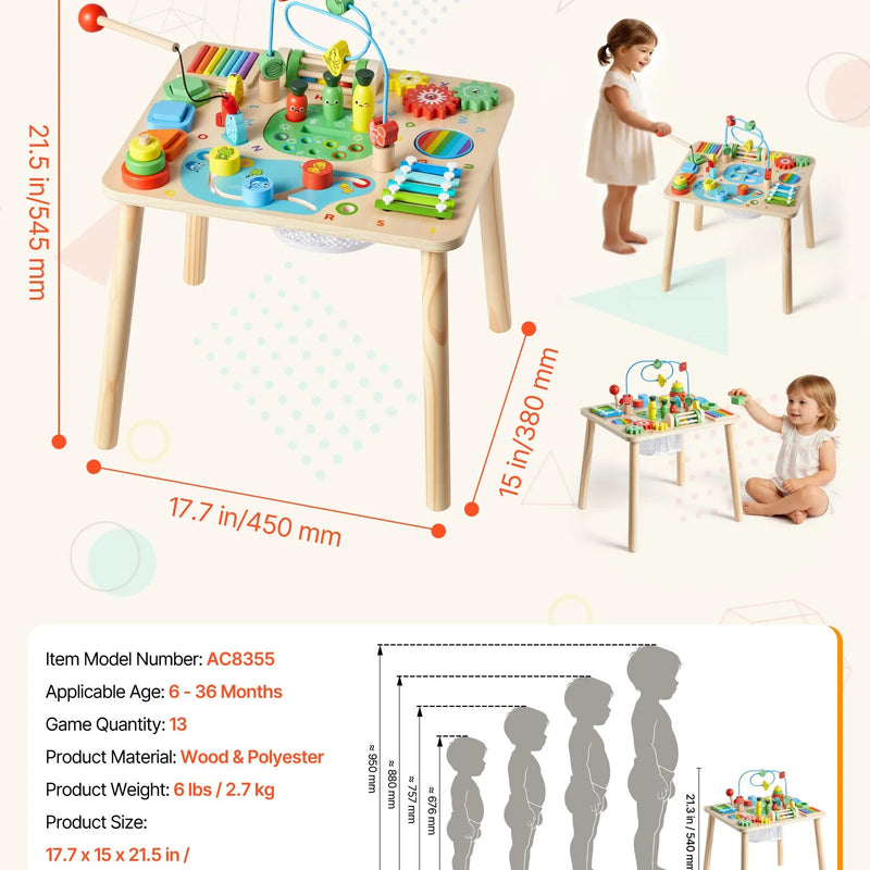 VEVOR Montessori aktivitāšu galds 13 in 1 bērniem 1–3 gadi, koka attīstošais spēļu galds no 6 mēnešiem