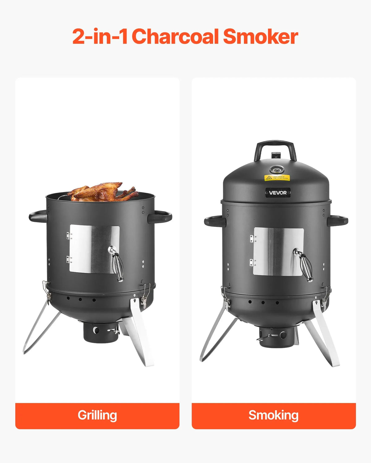 VEVOR vertikālais ogļu kūpinātājs 406 mm, tērauda BBQ kūpinātājs ar pārklājumu, 2 grilēšanas restēm, termometru, gaisa ventilācijas atverēm un noņemamu pelnu paplāti pagalma un terases gatavošanai